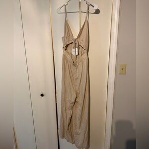 Beige Tie-Front Wide-Leg Jumpsuit